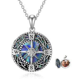 Sterling Silver Abalone Shell Compass Photo Locket Necklace -0