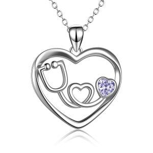 Sterling Silver Heart Nursing Themed Stethoscope Necklace -0