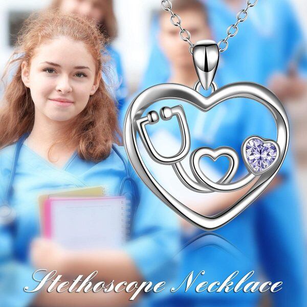 Sterling Silver Heart Nursing Themed Stethoscope Necklace -4