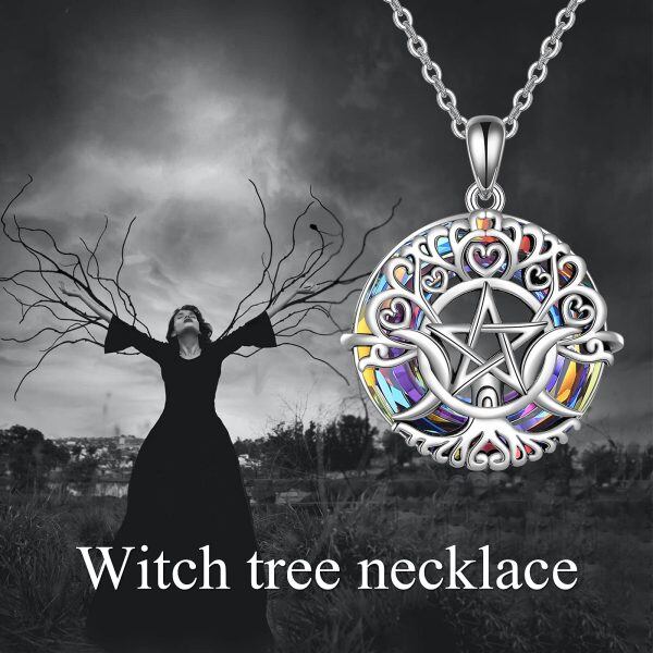 Sterling Silver Triple Moon Witch Tree Necklace -4