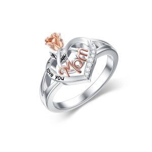 Sterling Silver I Love You Mom with Rose Flower Ring -0