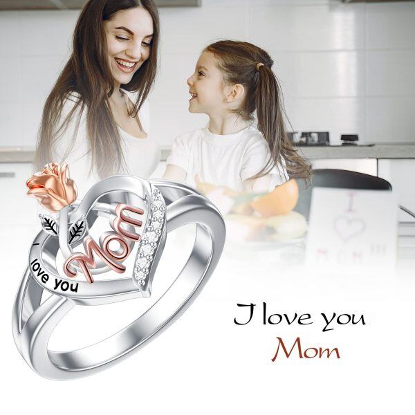 Sterling Silver I Love You Mom with Rose Flower Ring -1