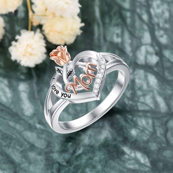 Sterling Silver I Love You Mom with Rose Flower Ring -3