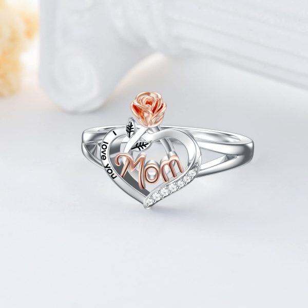 Sterling Silver I Love You Mom with Rose Flower Ring -4