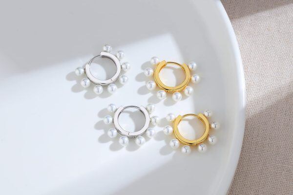 Sterling Silver Dainty Handmade Pearl Hoop Earrings -4