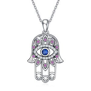 Sterling Silver Hamsa Hand Devil Eye Necklace-0