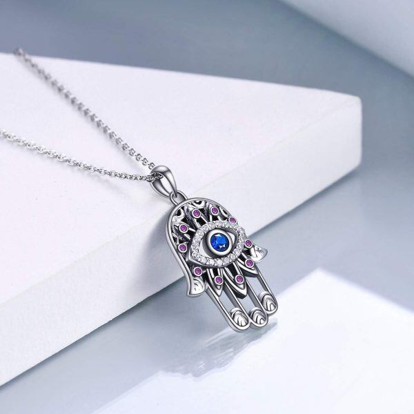 Sterling Silver Hamsa Hand Devil Eye Necklace-1