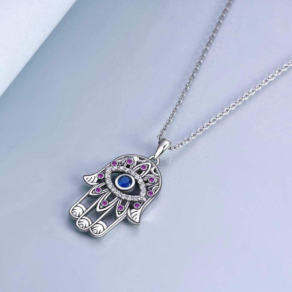 Sterling Silver Hamsa Hand Devil Eye Necklace-2