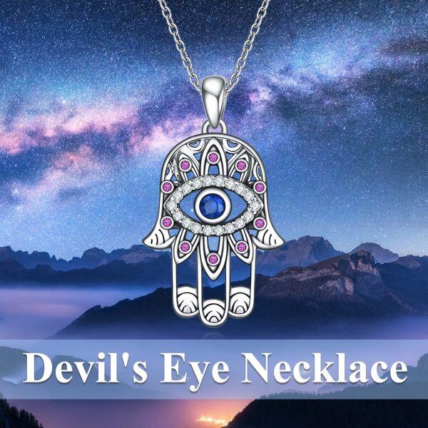 Sterling Silver Hamsa Hand Devil Eye Necklace-4