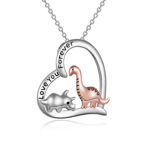 Sterling Silver Triceratops and Brontosaurus Dinosaur Pendant Necklace-0