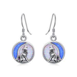 Sterling Silver Opal Wolf Dangle Drop Earrings-0