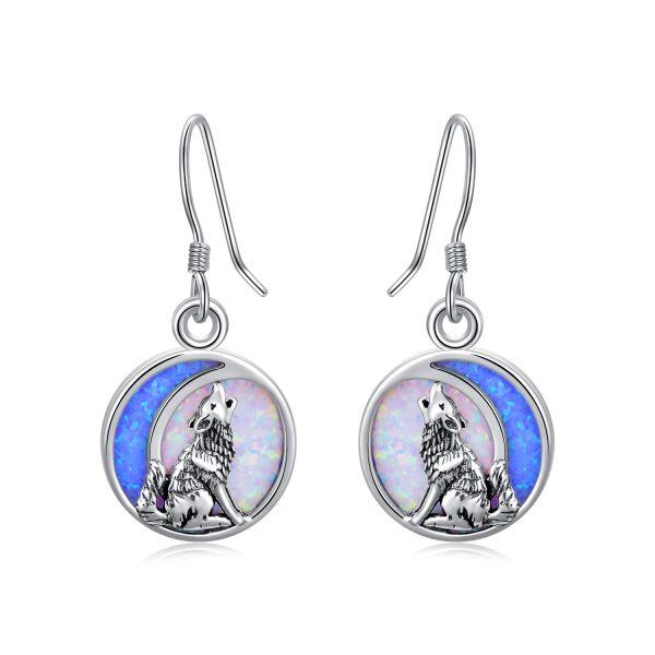 Sterling Silver Opal Wolf Dangle Drop Earrings-0