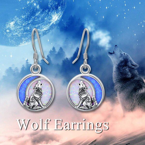 Sterling Silver Opal Wolf Dangle Drop Earrings-1