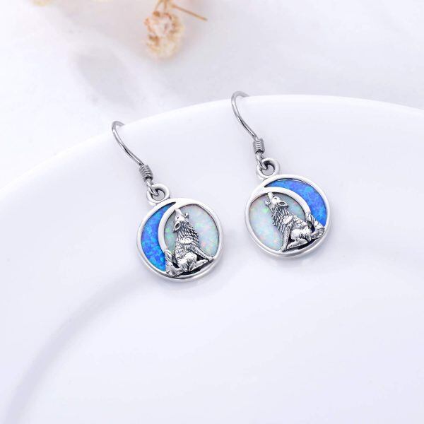 Sterling Silver Opal Wolf Dangle Drop Earrings-3