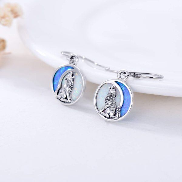 Sterling Silver Opal Wolf Dangle Drop Earrings-4