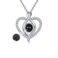 wholesale 925 Sterling Silver Black Pearl & Cubic Zirconia Heart Pendant Necklace with 100 Languages Projection - For Women-0-0