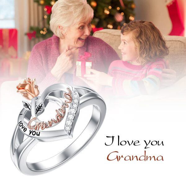 Sterling Silver Grandma Rose Flower Love Heart Ring -1