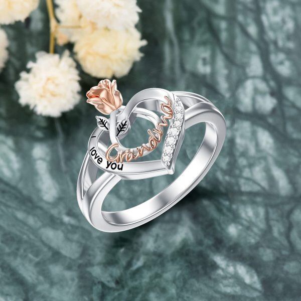 Sterling Silver Grandma Rose Flower Love Heart Ring -3