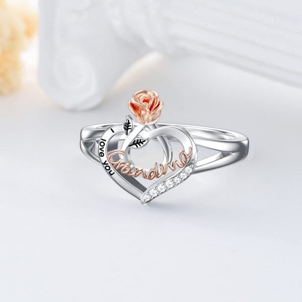 Sterling Silver Grandma Rose Flower Love Heart Ring -4