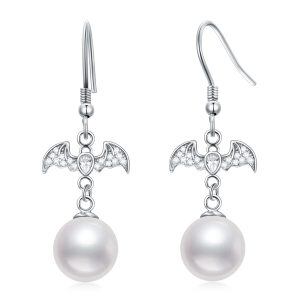 Sterling Sliver Bat Pearl Drop Earrings-0