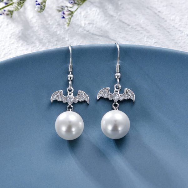 Sterling Sliver Bat Pearl Drop Earrings-4