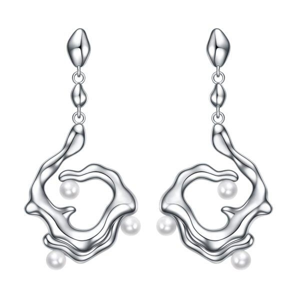 Sterling Silver Pearl Heart Shape Dangle Earrings -0