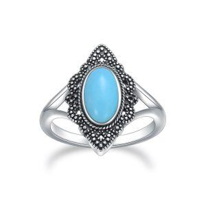 Sterling Silver Long Oval Cut Natural Turquoise Vintage Ring-0