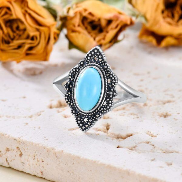 Sterling Silver Long Oval Cut Natural Turquoise Vintage Ring-2