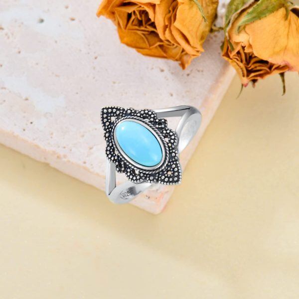 Sterling Silver Long Oval Cut Natural Turquoise Vintage Ring-3