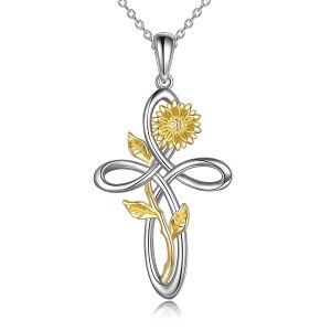 Sterling Silver Cross with Sunflower Rose Flower Necklace-0