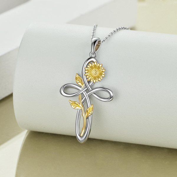 Sterling Silver Cross with Sunflower Rose Flower Necklace-1