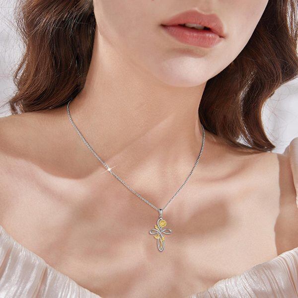 Sterling Silver Cross with Sunflower Rose Flower Necklace-5