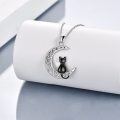 wholesale 925 Sterling Silver Black Cat on Crescent Moon Pendant Necklace for Women-0-4
