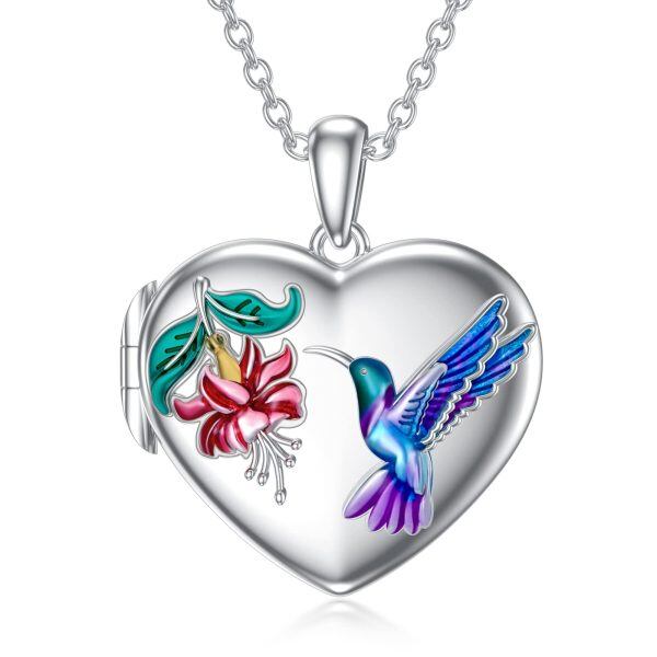 Sterling Silver Hummingbird Heart Photo Locket Pendant Necklace-0