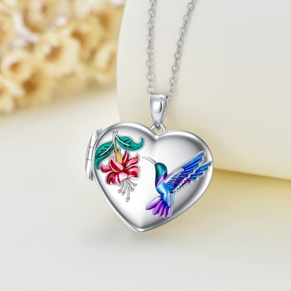 Sterling Silver Hummingbird Heart Photo Locket Pendant Necklace-1