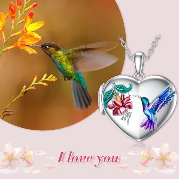 Sterling Silver Hummingbird Heart Photo Locket Pendant Necklace-4