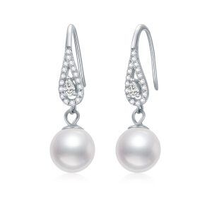 Sterling Silver Freshwater Real Pearl Dangle Earrings -0