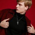 wholesale 925 Sterling Silver Cross Pendant Necklace with Star Pattern and Diagonal Lines for Men-0-4