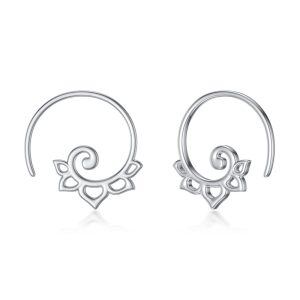 Sterling Silver Lotus Pull Through Hoop Earrings-0