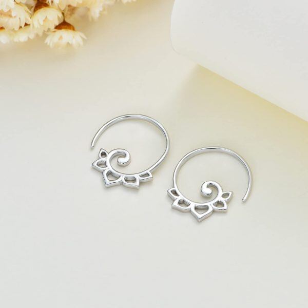 Sterling Silver Lotus Pull Through Hoop Earrings-2