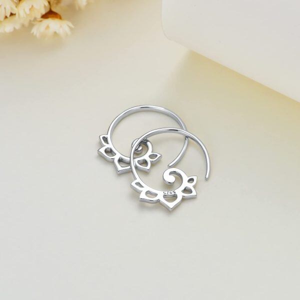 Sterling Silver Lotus Pull Through Hoop Earrings-3