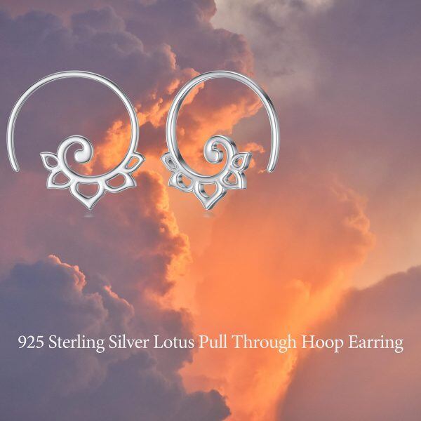 Sterling Silver Lotus Pull Through Hoop Earrings-4