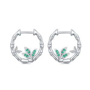 Sterling Silver Bamboo Cubic Zirconia Hoop Earrings-0