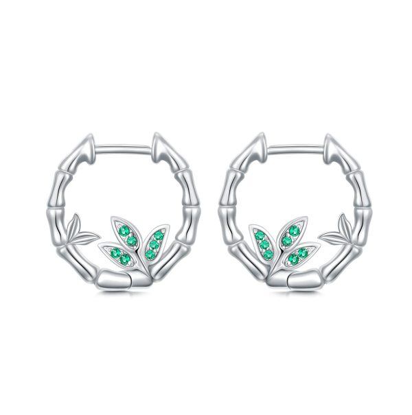 Sterling Silver Bamboo Cubic Zirconia Hoop Earrings-0