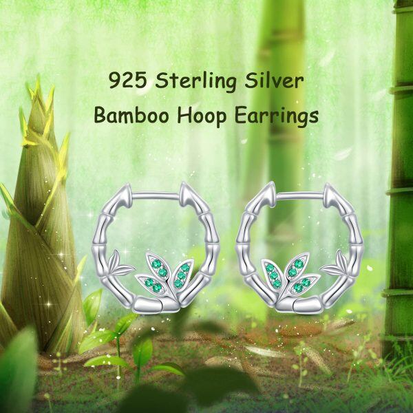 Sterling Silver Bamboo Cubic Zirconia Hoop Earrings-4