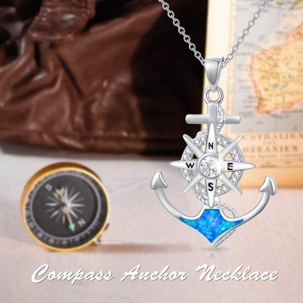 Sterling Silver Compass Anchor Pendant Necklace-5