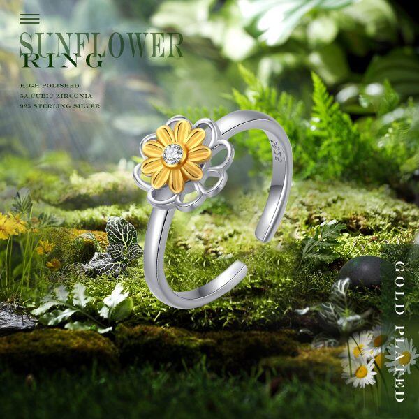 Sterling Silver Sunflower Open Adjustable Ring -1