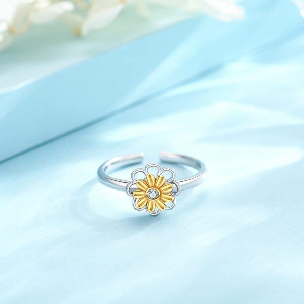 Sterling Silver Sunflower Open Adjustable Ring -2