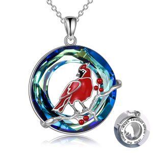 Sterling Silver Cardinal with Circle Blue Crystal Necklace -0