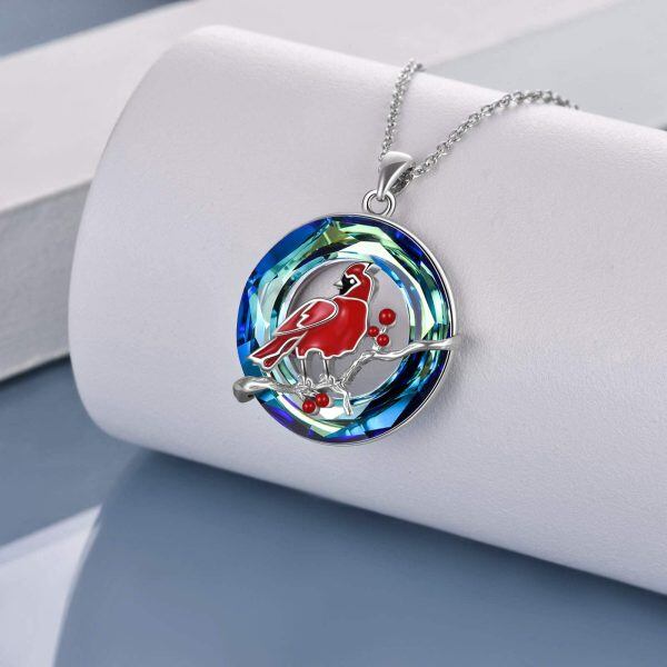 Sterling Silver Cardinal with Circle Blue Crystal Necklace -3